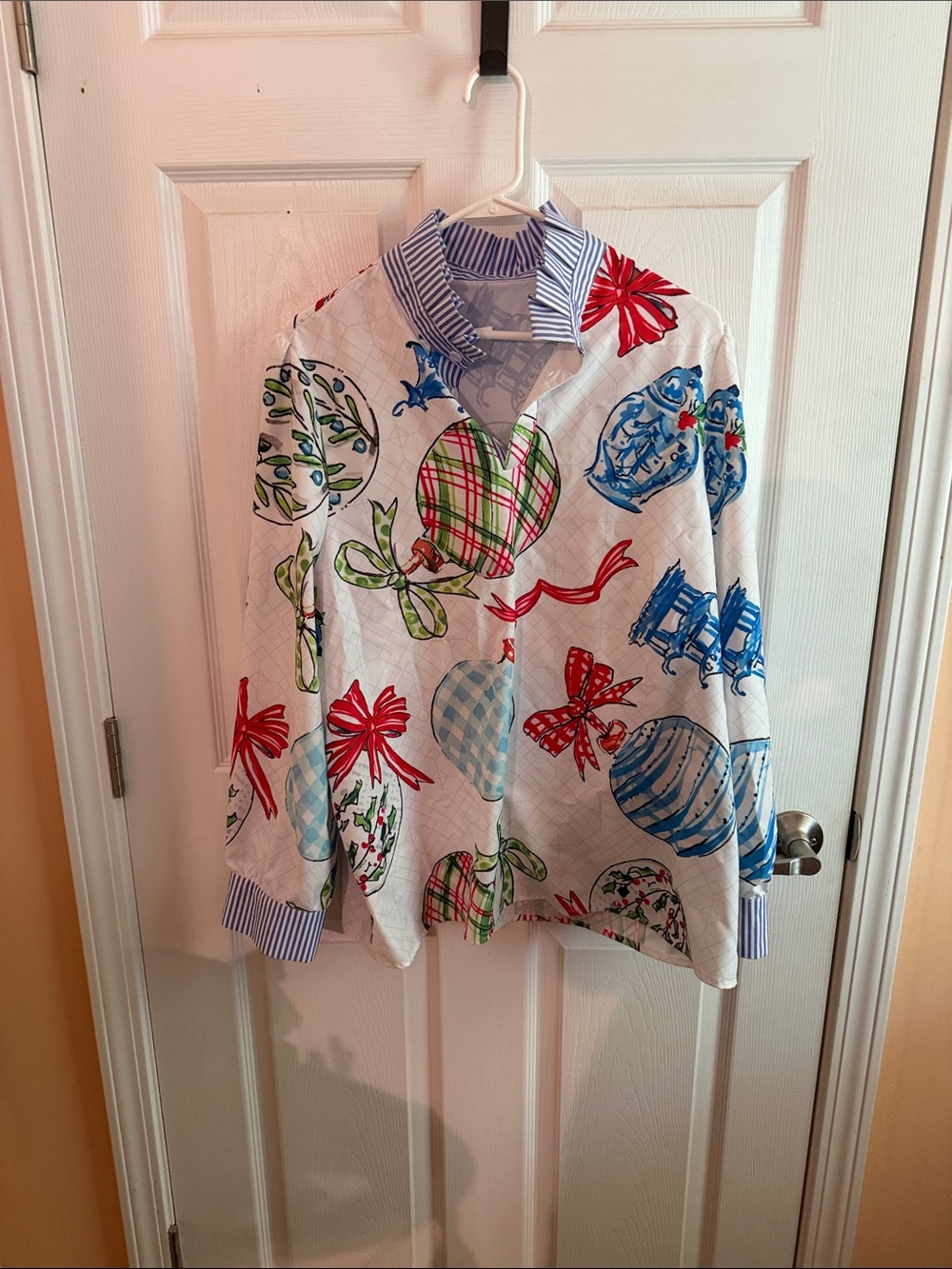 Womens long sleeve Holiday Print Polo Shirt - White with Red & Blue Accents